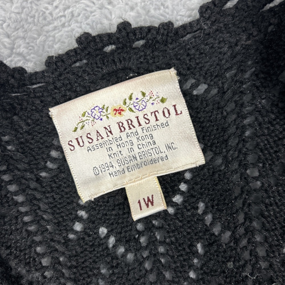 Vintage Susan Bristol  Sweater Vest Black Appliquéd Ribbon Floral Open Knit READ - Picture 2 of 8
